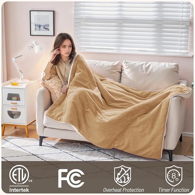 Electric Heated Blanket Twin 62"x84" - Soft Silky Flannel & Fluffy Sherpa Blanket with 9 Heat Levels & 2-10 Timer, ETL Certified & Overheat Protection, Gift for Grandma Grandpa, Brown