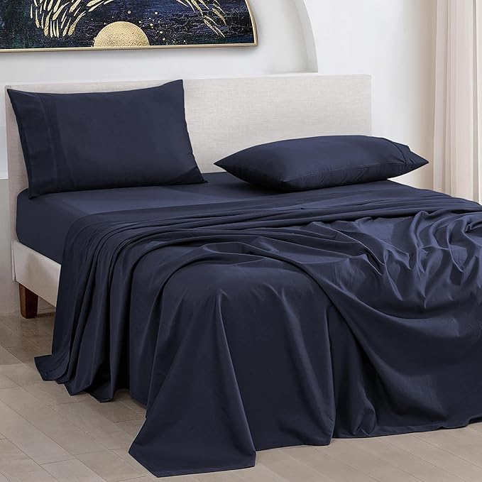 URBANHUT 1000 Thread Count Queen Sheet Set Egyptian Cotton Sheets, Long Staple Soft & Breathable, 4 Pc Bed Sheet Sets for Queen Size Bed, Luxury Hotel Sateen Sheets Fits 16" Deep Pocket - Navy Blue