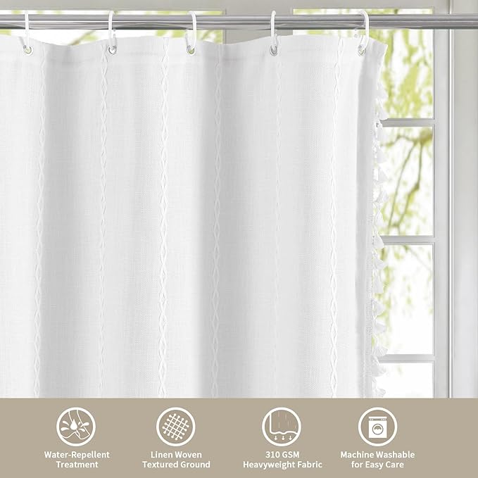MitoVilla Boho Extra Long Shower Curtain 72 x 96, White Modern Farmhouse 96 inch XL Polyester Linen Texture Tassel Fabric Shower Curtain Set with Hooks for Cottagecore Country Bathroom Decor,White