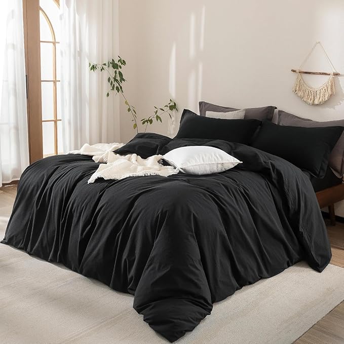 Black Duvet Cover Oversize Queen Size 100% Washed Cotton Bedding Set Cover 1 Duvet Cover with Zipper Closure and 2 Pillowcases, 98inch x 98inch