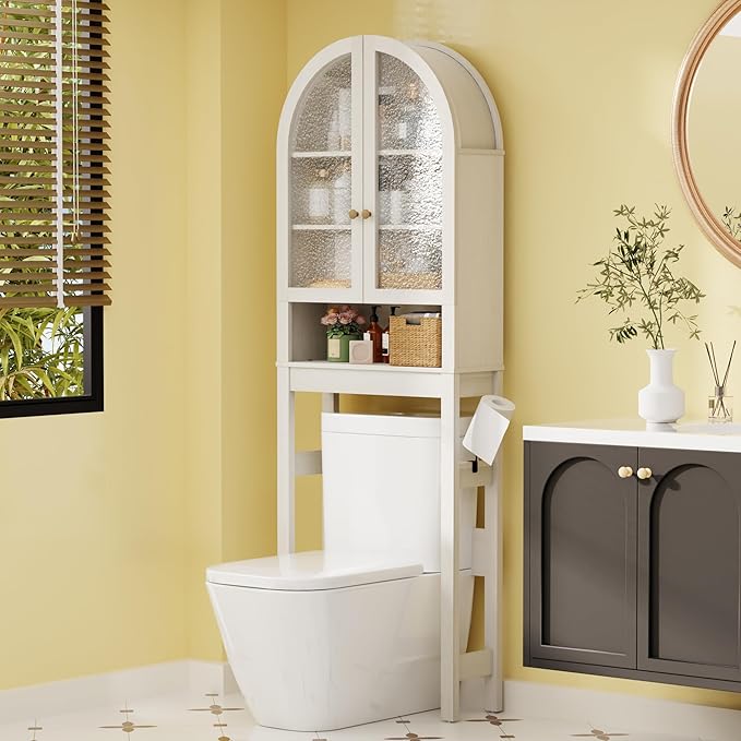 Over The Toilet Storage Cabinet, 23.7”W Modern Storage Cabinet Over Toilet with Acrylic Doors, Arched Freestanding Over Toilet Rack with Adjustable Shelf for Bathroom, Antique White