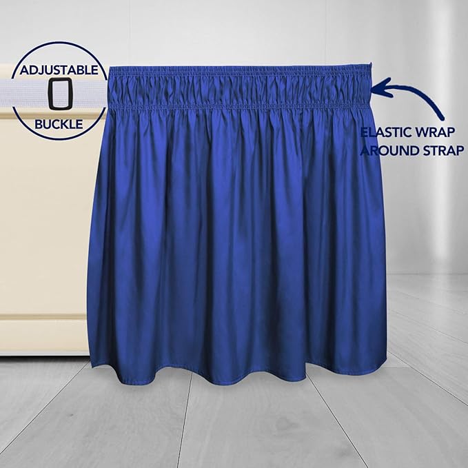 PureFit Wrap Around Ruffled Bed Skirt with Adjustable Elastic Belt - 22 Inch Drop Easy to Put On, Wrinkle Free Bedskirt Dust Ruffles, Bed Frame Cover for Twin, Twin XL and Full Size Bed, Classic Blue