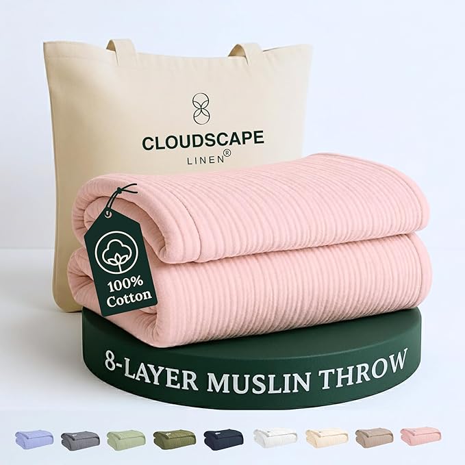Cloud Scape Linen Extra Large 8 Layer Muslin Throw Blanket - 100% Cotton Gauze, Soft and Breathable, Winter Blanket for Couch, Sofa and Bed, Idea, 50x70, Seashell Pink