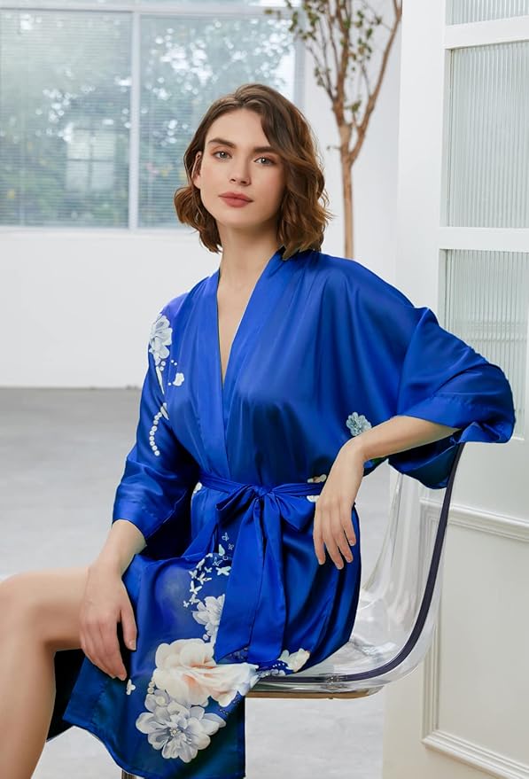 Ledamon Women's Kimono Short Robe - Classic Floral Bathrobe Nightgown