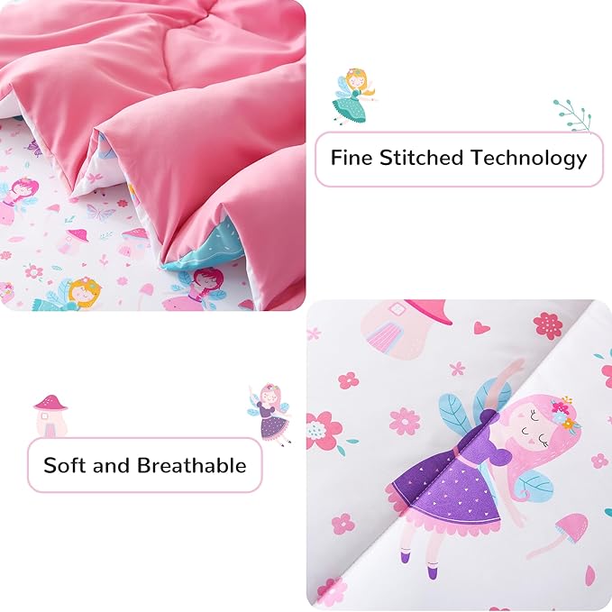 Viviland Kids Full Bedding Sets for Girls, Soft Full Comforter Set with Sheets, 7 Pieces Microfiber Bed in a Bag, Fairy Mushroom