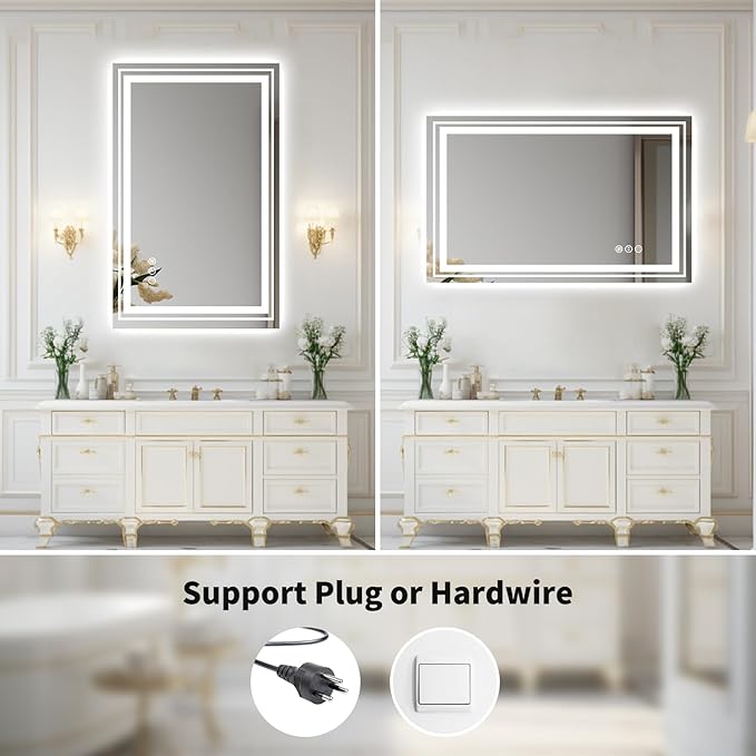 WTTY LED Bathroom Mirror 31.5"x48" with Back and Front Light,Modern LED Mirror for Bathroom,Dimmable Lighted Bathroom Vanity Mirror with Anti-Fog,Memory Function,Shatter-Proof,Wall Mounted