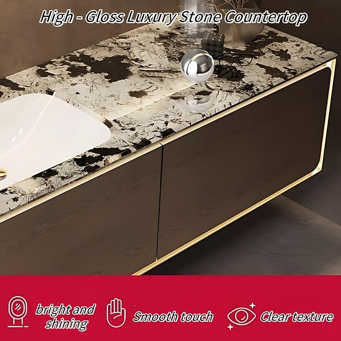56IN Bathroom Vanity Set with a Single Sink - Embedded Sensor Light Strip & Large Capacity Floating Cabinet | Modern Bathroom Vanities with Defogging Mirror Surface & LED Lighting (Mirror)
