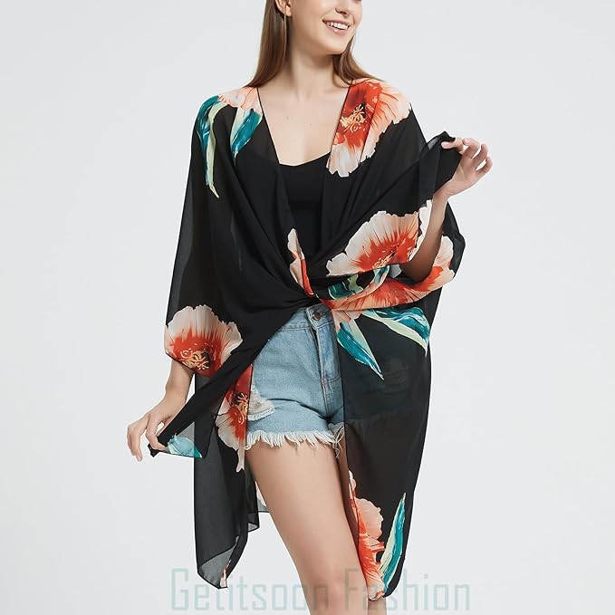 Women's Bohemian Floral Chiffon Beach Cover up Swimsuit Kimono Summer Swimwear Cardigans