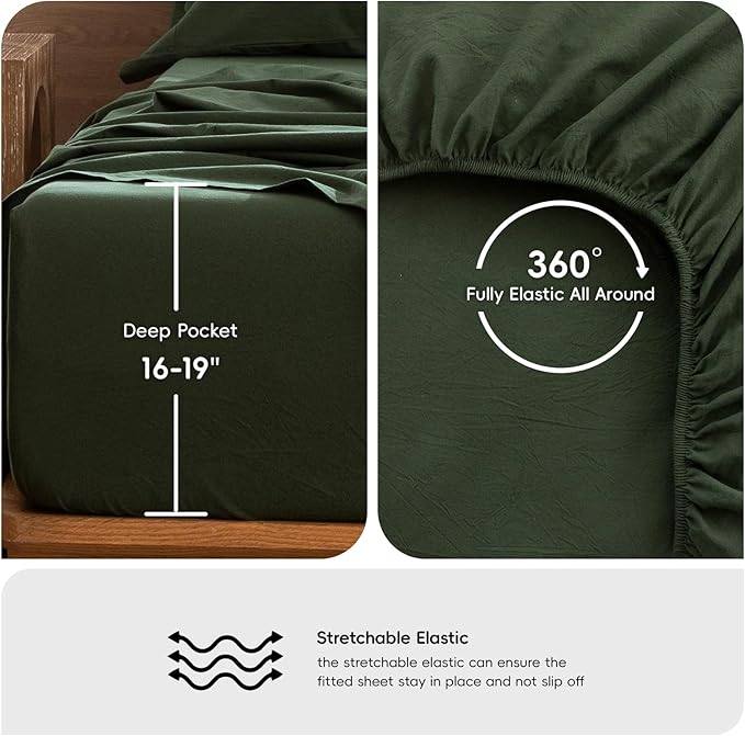 MooMee Bedding Sheet Set 100% Washed Cotton Linen Like Textured Breathable Durable Soft Comfy (Solid Forest Green, Queen)
