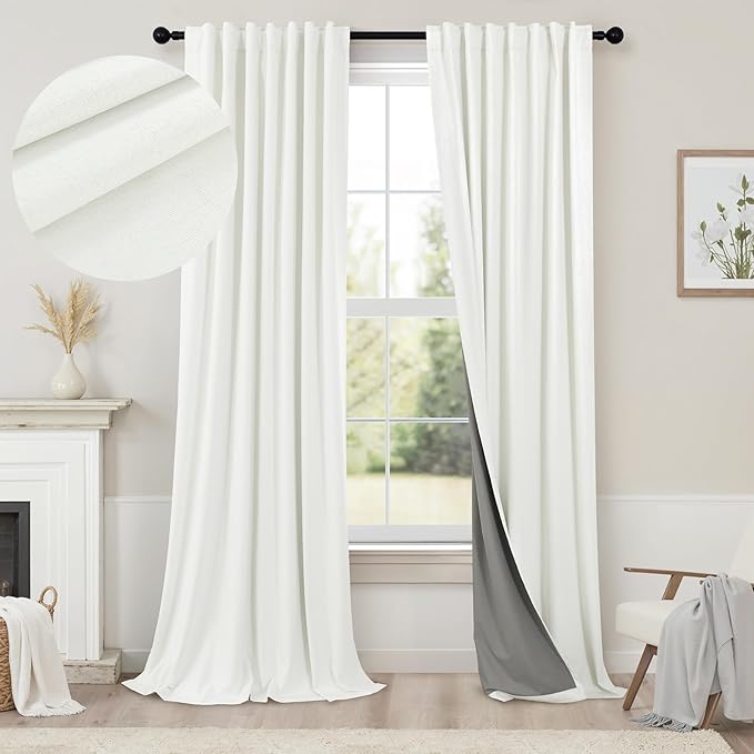 120 Inches Extra Long Curtains for Living Room 2 Panels Faux Linen Darkening Insulated Thermal 100% Blackout Drapery Ceiling Curtain for Large Big Window Treatments Ideas Drapes Off White Ivory 52x120