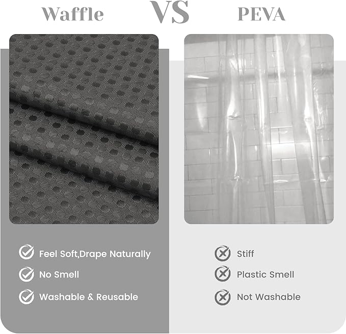No Hook Shower Curtain with Snap in Liner Set Waffle Shower Curtain for Bathroom Hotel Style Fabric Waterproof Inner Liner，54" W x 80" H, Dark Grey