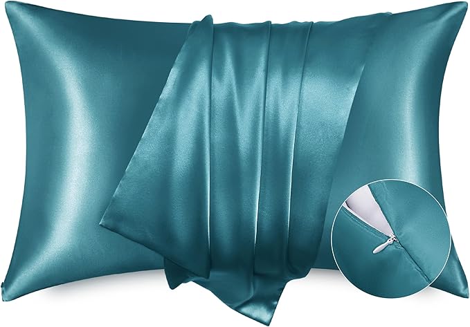 Bedsure Satin Pillowcase with Zipper, Similar to Silk Pillow Cases 2 Pack, Satin King Size Pillow Cases Set of 2, Silky & Soft Pillow Cover for Hair and Skin, Gifts for Women Men, Teal, 20x36 Inches