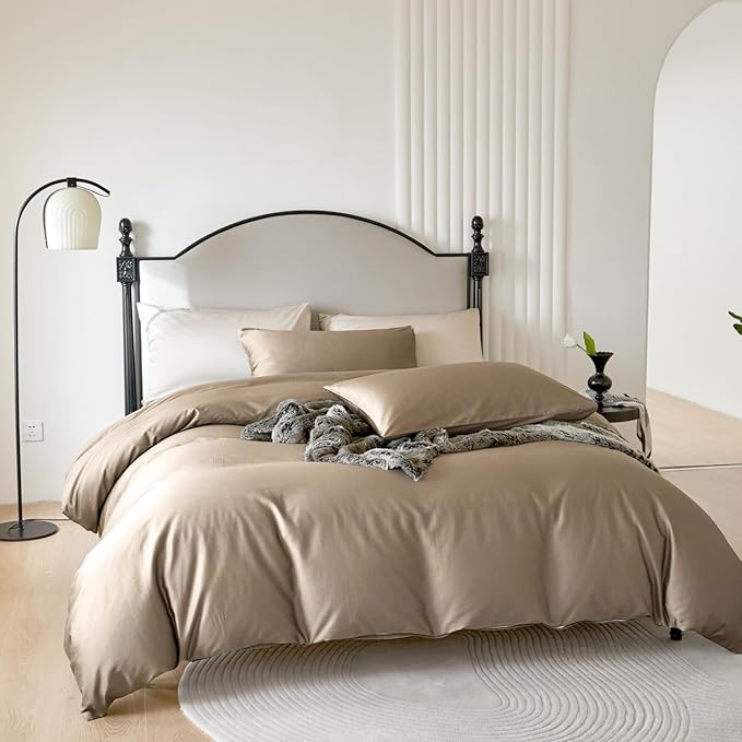 PURE ERA Duvet Cover Set Queen 800 Thread Count Long Staple Cotton Sateen Silky Soft Luxurious Smooth 3 Piece Set Dark Dessert Beige Queen