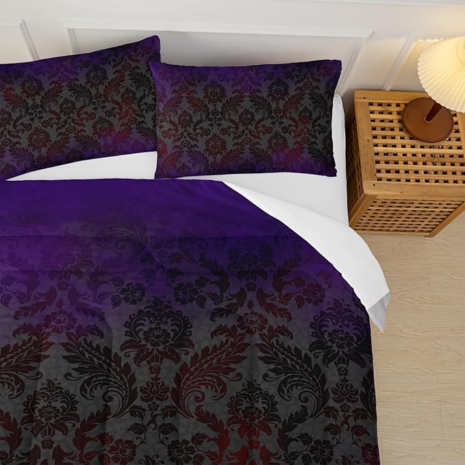 Black Purple Paisley Floral Victorian Gothic Comforter Set Queen，Gothic Bedding Set Queen Purple，with 1 Comforter with 2 Pillow Case，Halloween Room Decor for Bedroom