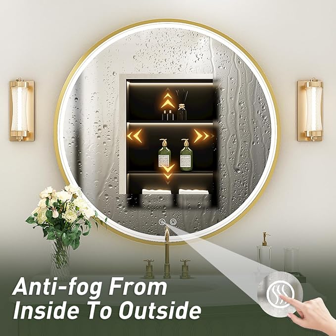 28" Round LED Bathroom Mirror, Dimmable Anti-Fog Vanity Mirror with Touch Control, 6000K Natural Light, Gold Metal Frame, Wall Mounted for Makeup Shaving (IP54, 90+ CRI)