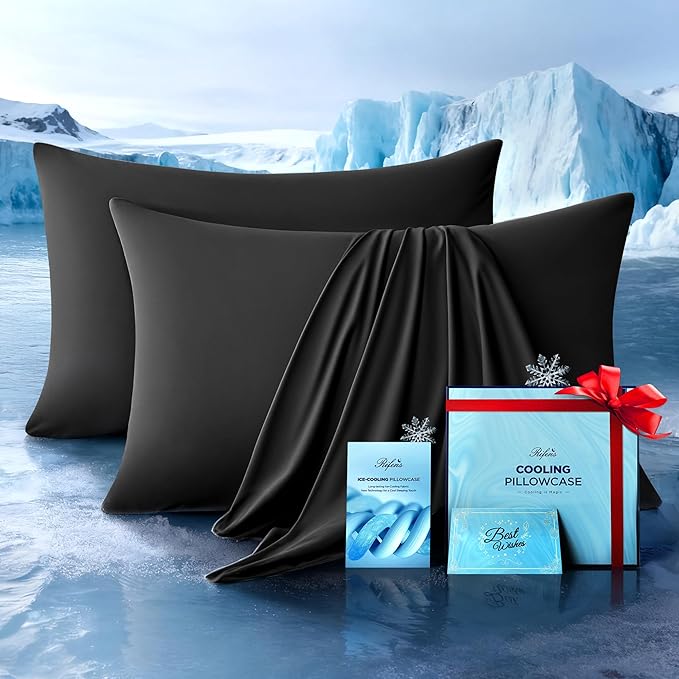 Ultra-Chill Cooling Pillowcase Set of 2 for Hot Sleepers, Softer Than Silk Pillow Cases for Protecting Hair & Skin, Breathable Bed Pillow Covers w/Zipper, Gifts for Women & Men (Black, Queen)