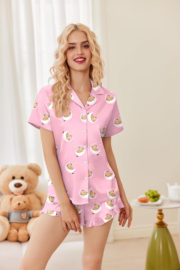 Ekouaer Womens Satin Pajamas Set Button Down 2 Piece Silk Pjs Shorts Set Ruffle Lingerie Notch Collar Sleepwear