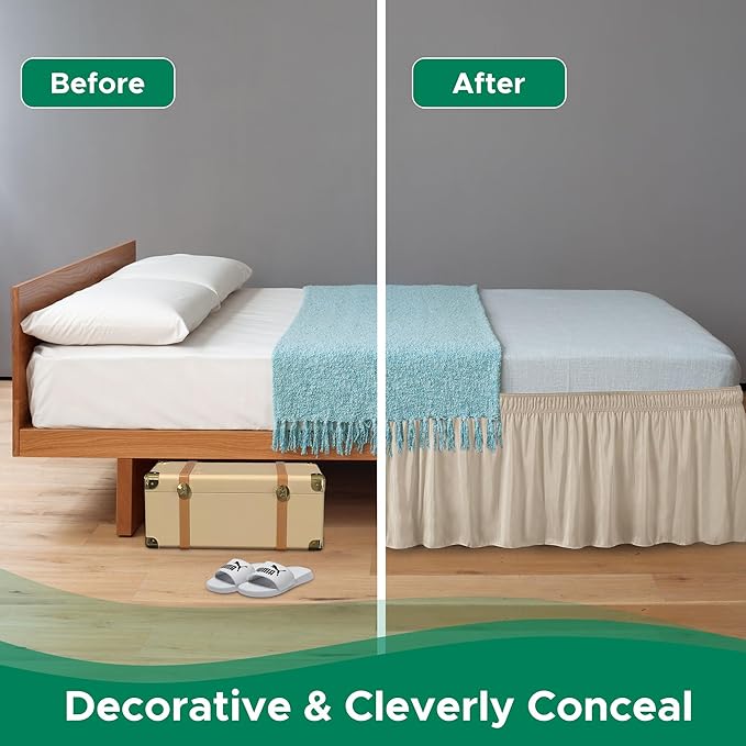 Biscaynebay Wrap Around Bed Skirts for Full & Full XL Beds 15 Inch Drop, Light Camel Elastic Dust Ruffles with Adjustable Belts Silky Luxrious Fabric Machine Washable