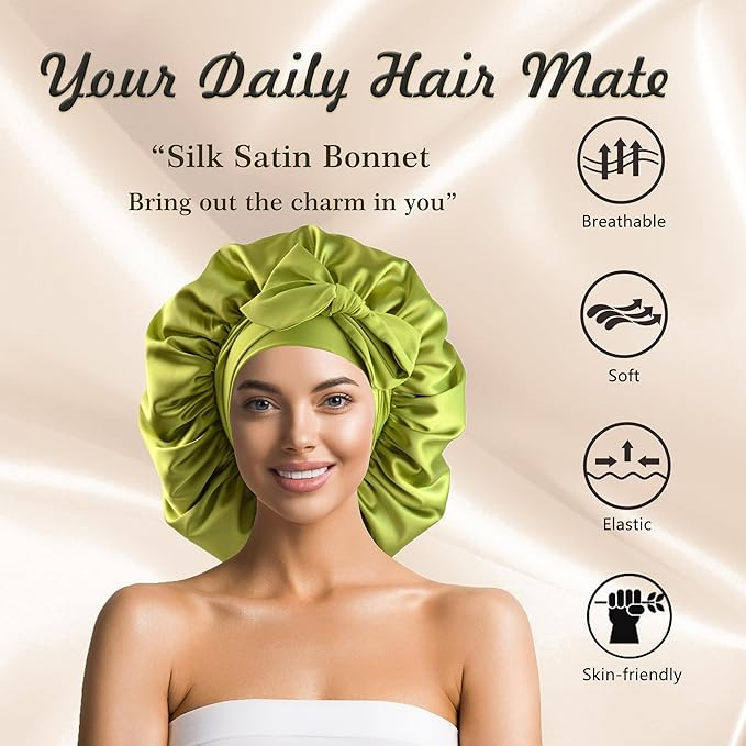 Silk Bonnet for Sleeping Women Satin Bonnet Double Layer Night Sleep Cap with Elastic Tie Band for Curly Natural Hair
