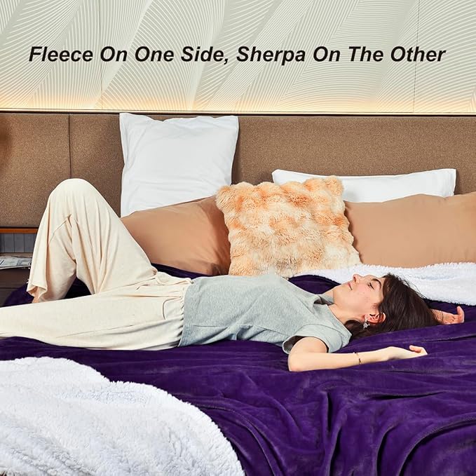 KAWAHOME Sherpa Fleece Twin Size Blanket for Bed - Extra Warm and Heavy Thick Blankets for Winter, Super Soft 500GSM Plush Blanket, 66"X 90" Purple