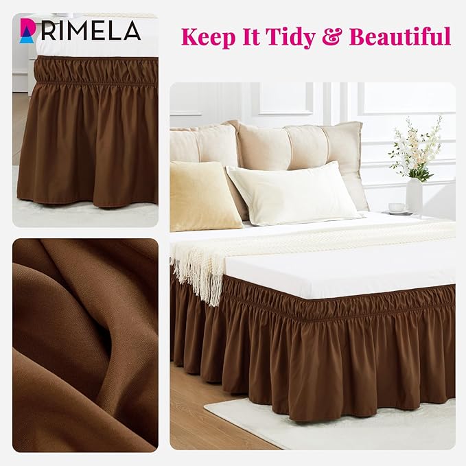 RIMELA Bed Skirt Queen Size 15 Inch Drop, Elastic Bed Skirting for Bed Base and Frame, Bedding Dust Ruffle Easy to Install, Wrap Around Adjustable Bedskirt, Chocolate Brown