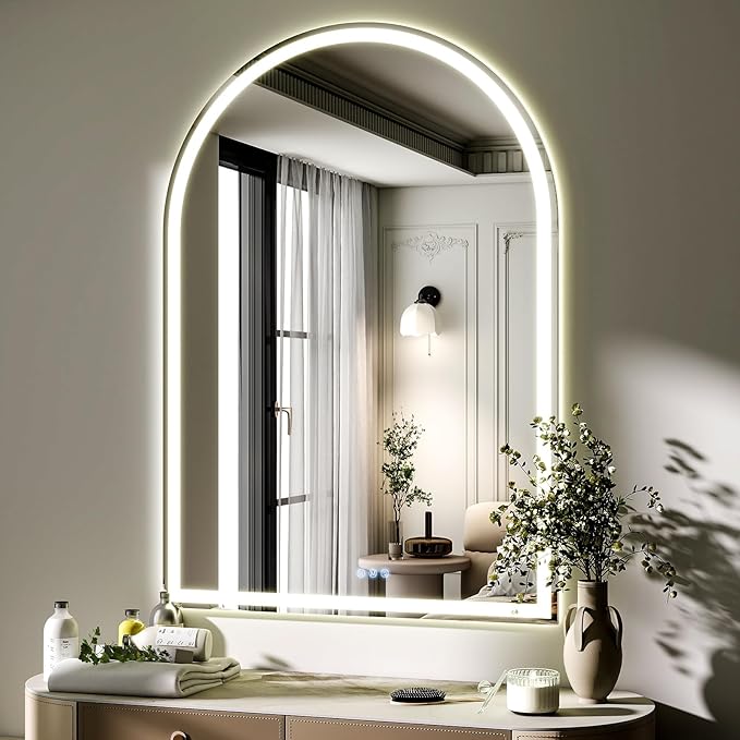 BEAUTYPEAK LED Arch Bathroom Mirrors with Lights, 40x30 Arch Mirror with Metal Frame, Anti-Fog,LED Mirror with Front Light and Backlit, Memory Function for Bathroom, Dressing Room