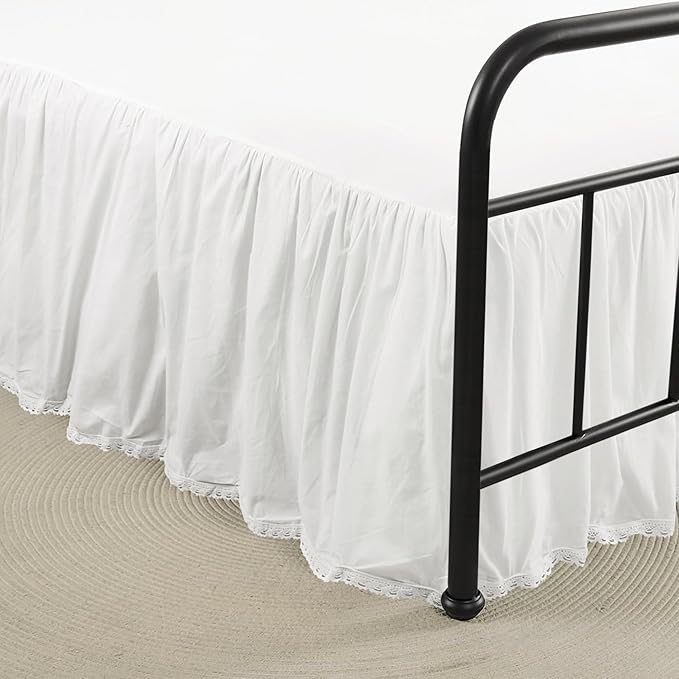 Queen Size 18" Drop - White Lightweight Cotton Bed Skirt with Crochet Edge - Dust Ruffle Whth Split Corner - Soft, Elegant, Breathable Bedding Accessory