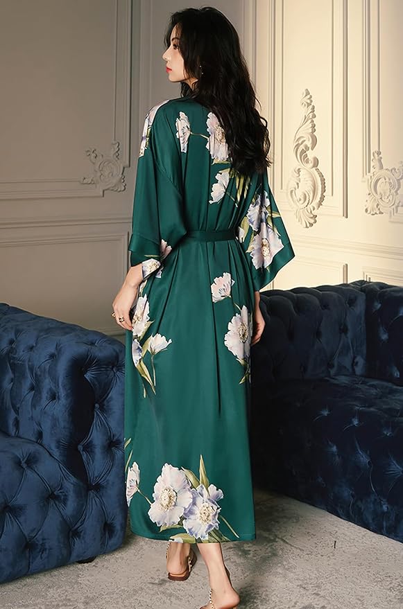 Silk Satin Robe for Women Long Japanese Kimono Robe Lightweight Soft Bathrobe Floral Luxury Dressing Gown