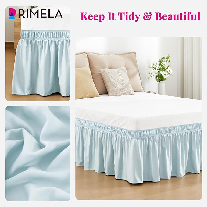 RIMELA Grayish Blue Bed Skirt King Size 18 Inch Drop, Wrap Around Elastic Bedskirt, Dust Ruffle for Adjustable Bed Base Machine Washable Easy to Install Bed Skirts