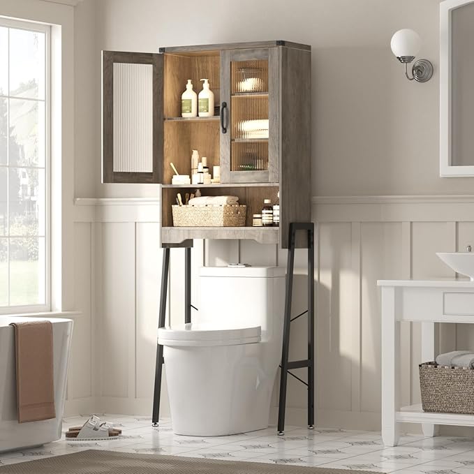 Over The Toilet Storage Cabinet with Tempered Glass Doors and Adjustable Shelf, Bathroom Organizer with Metal Stand Space Saver Over Toilet , Modern Toilet Rack for Bathroom, Restroom, Laundry, Grey