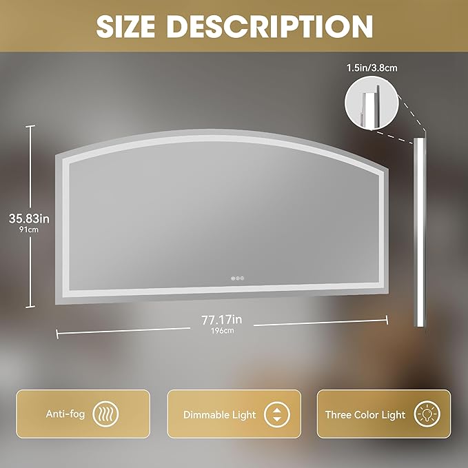 Hasipu 77x36 Inch LED Bathroom Mirror Arch Vanity Mirror with Lights Frontlit Smart Touch Sensor Dimmable 3 Colors Temperature Shatterproof Wall-Mounted Vanity Mirror Metal Frame