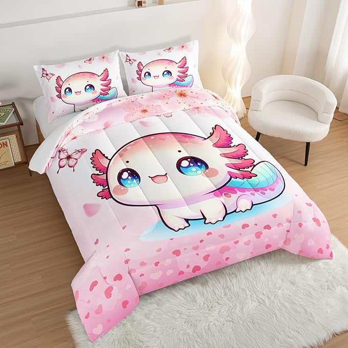 Cartoon Axolotl Comforter Kids Bedding Set,Cute Axolotl Flower Butterfly Bedding King Size for Toddler Girls Room Kawaii Decor,Pink Series Kids Comforter Sets with 2 Pillowcases.