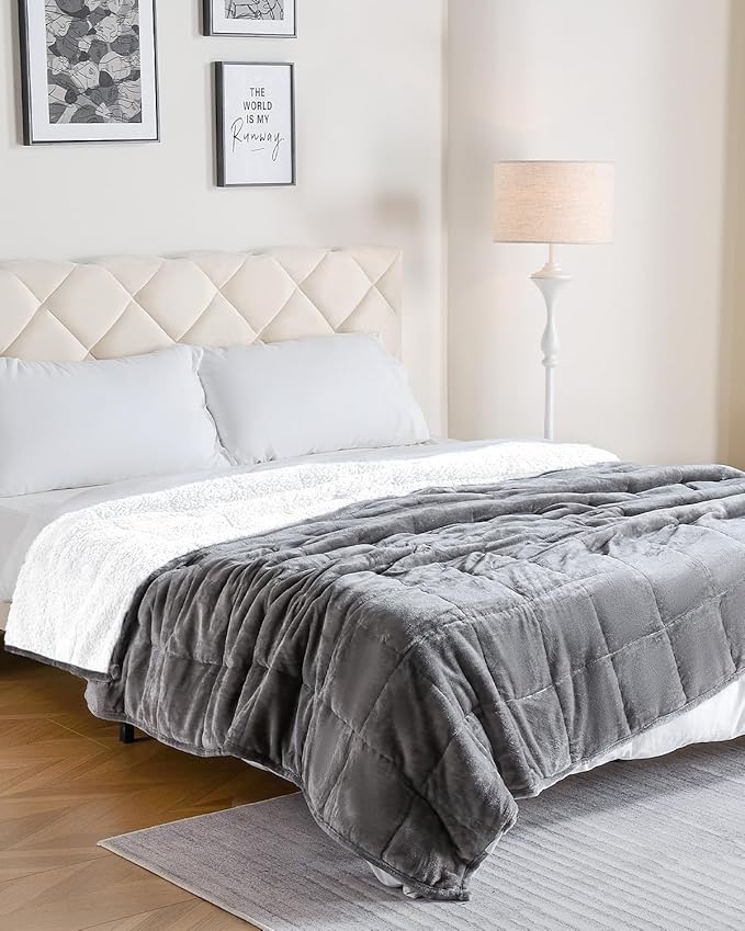 Uttermara Weighted Blanket Queen Size 20lbs 60x80 inches, Cozy Sherpa Weighted Blankets with Soft Plush Fleece, Warm Snuggle Thick Heavy Blanket Great for Sleep Calming, Grey White