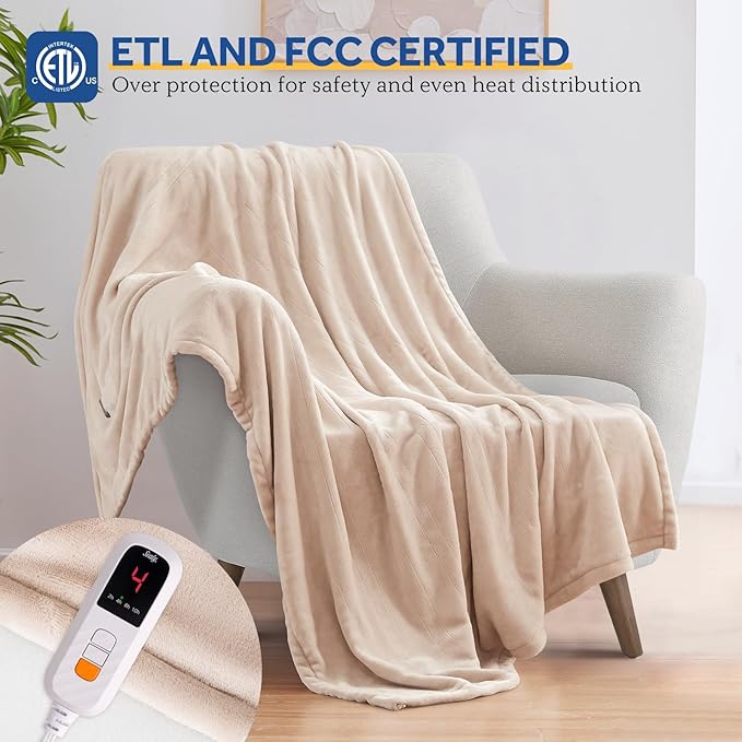 Sealy Heated Blanket Electric Throw 50"x60", Soft Double Flannel Electric Blanket with 6 Heat Levels & 2-10 Hours Auto Shut Off, Machine Washable, Even Heat Distribution, Beige