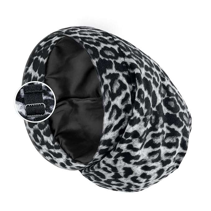 Satin Lined Sleep Cap Bonnet for Curly Hair and Braids, Stay On All Night Hair Wrap with Adjustable Strap for Women and Men, Black Leopard, Pack of 1
