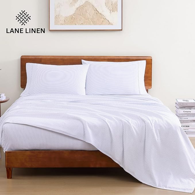 LANE LINEN 100% Organic Cotton Sheet Sets Queen Size, 4Pc Queen Size Cotton Sheets, Hotel Style Sheets, Bedding Sheets & Pillowcases, Queen Sheet Sets Deep Pockets Fits Upto 15" - Blue Ticking Stripe