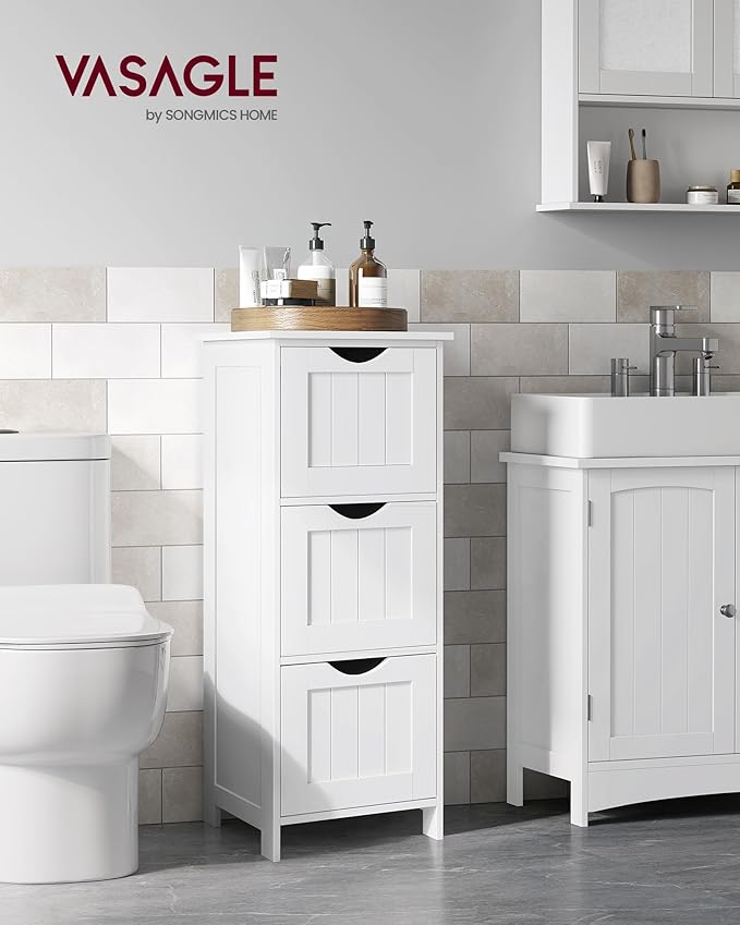 VASAGLE Floor Storage Cabinet, Freestanding Storage Unit with 3 Drawers, 11.8 x 12.6 x 31.9 Inches, for Bathroom, Living Room, Kitchen, Modern Style, Matte White UBBC50WT