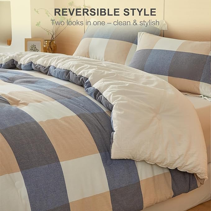100% Cotton Comforter Set King Size – Reversible Yarn-Dyed Checkered Design, Soft Washed Cotton on Both Sides, Lightweight All-Season Bedding, Machine Washable(Blue White Plaid, 104”x90”)