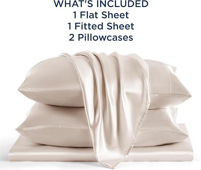 Bedsure Satin Sheets Full Size - 4 Piece Silky Bedsheets with 15 Inches Deep Pocket Fitted Bedsheet,1 Flat Sheet, 2 Satin Pillowcases, Good for Hair & Skin (Full, Beige)