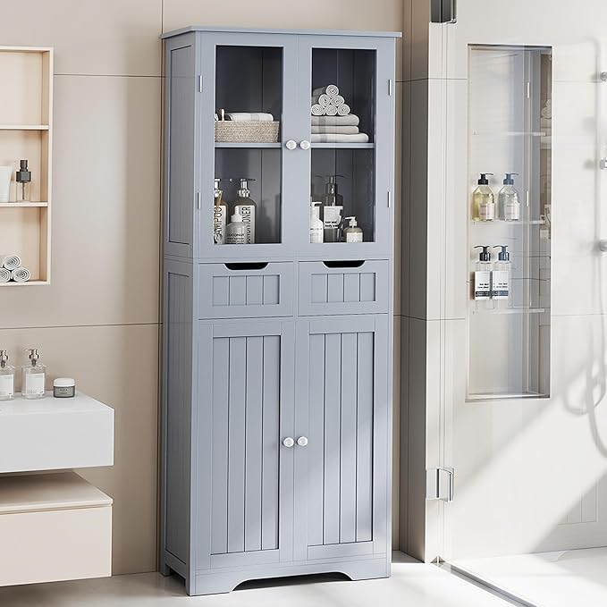 TOLEAD 67" Tall White Bathroom Cabinet Storage Cabinet, Freestanding Storage Cabinet with Glass Door and Adjustable Shelves, Bathroom Cabinet for Living Room, Kitchen, Dining, (Grey)