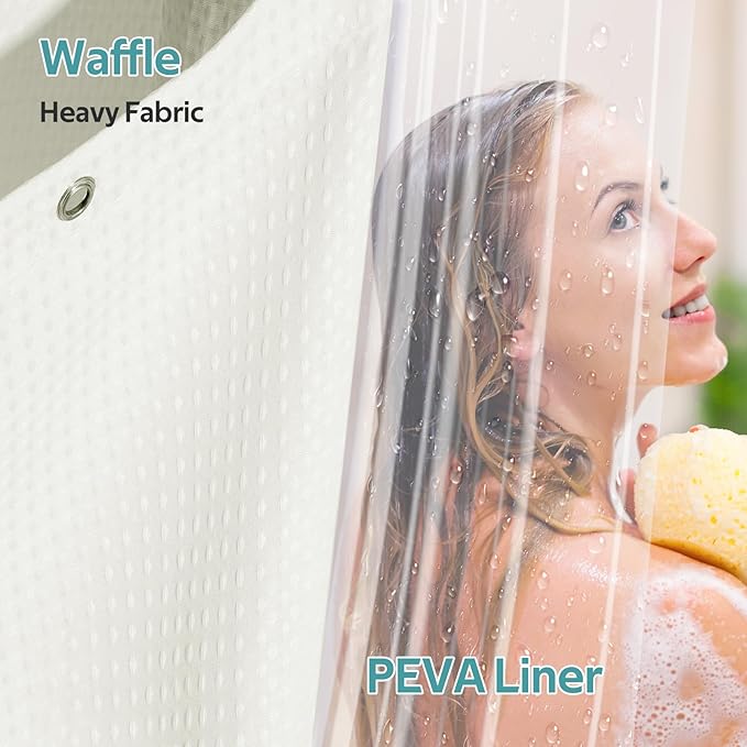 3 in 1 Shower Curtain Set, Waffle Shower Curtain and Liner Set with 12 Double Sided Shower Curtain Hooks, 258GSM Luxury Weighted Cloth Shower Curtains for Bathroom, 72 W x 72 H, Cream