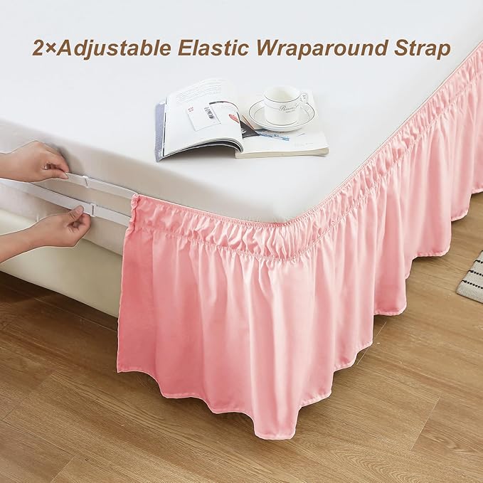 MEILA Wrap Around Bed Skirt Three Fabric Sides Elastic Dust Ruffled 24 Inch Tailored Drop,Easy to Install Fade Resistant-Pink, Queen/King