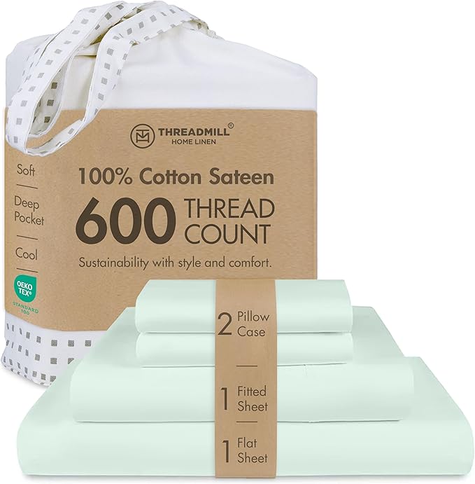 Threadmill Queen Sheet Set | 600 Thread Count Bed Sheets for Queen Mattress with 16” Deep Pocket | Sateen Weave 4-Piece Bedding Set with Cooling Effect | Seaglass