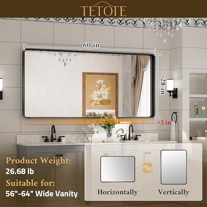 TETOTE 60 x 28 Inch White Framed Bathroom Mirror, Modern Metal Frame Rectangle Modern Farmhouse Wall Mounted Vanity Mirror with Sandy Textured Surface(Horizontal/Vertical)