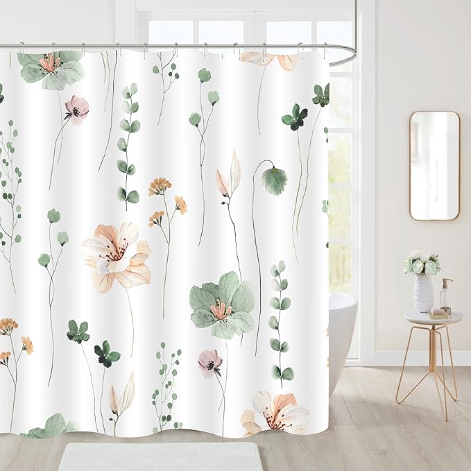 Gibelle Long Shower Curtain 72 x 78, Watercolor Floral Fabric Shower Curtain, Sage Green Beige Flower Decorative Bathroom Shower Curtain Set with Hooks