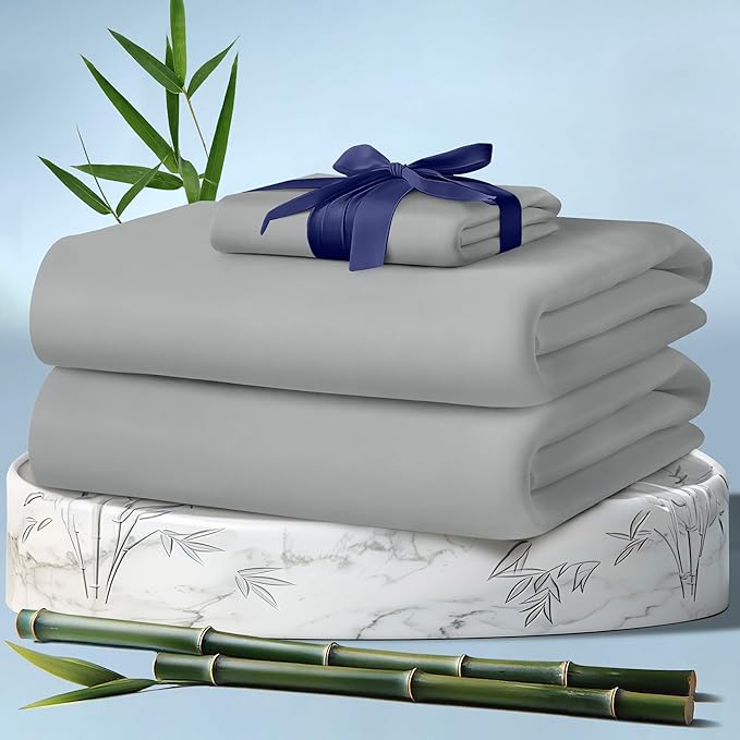 DECOLURE 100% Viscose Derived from Bamboo Sheets Twin Size 3pcs - Ultra Soft & Luxuriously Cooling, 17" Deep Pocket, Double Stitching, Perfect for Hot Sleepers - Twin Bed Sheets (Light Grey)