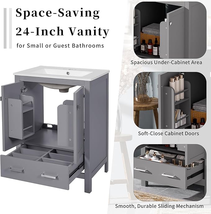 24" Bathroom Vanity with Sink Combo Set, Solid Wood Frame Bathroom Storage Cabinet with 2 Drawers and 1 Drawer, Double-layer Door Shelf, Soft Closing Cabinet Door with Organizer,Grey
