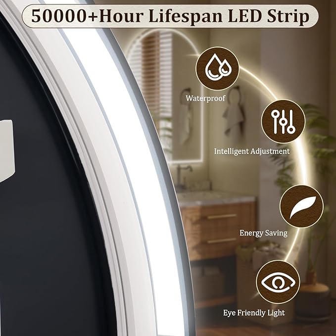 BEAUTYPEAK LED Arch Bathroom Mirrors with Lights, 34x30 Arch Mirror with Metal Frame, Anti-Fog,LED Mirror with Front Light and Backlit, Memory Function for Bathroom, Dressing Room