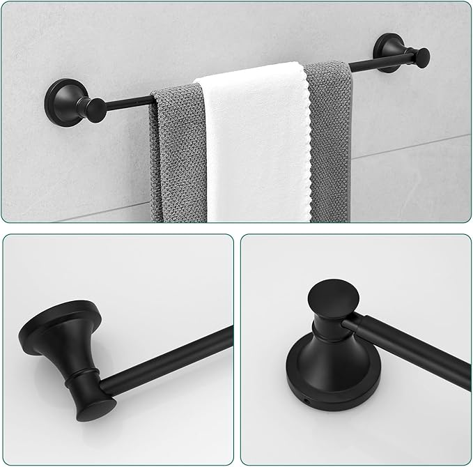 Hoimpro Matte Black 4-Piece Bathroom Bath Set, Wall Mount Bathroom Hardware Fixture (Adjustable Towel Bar Rack, Towel Ring Holder, Paper Towel Holder, Double Towel Hook), Bathroom Accessories