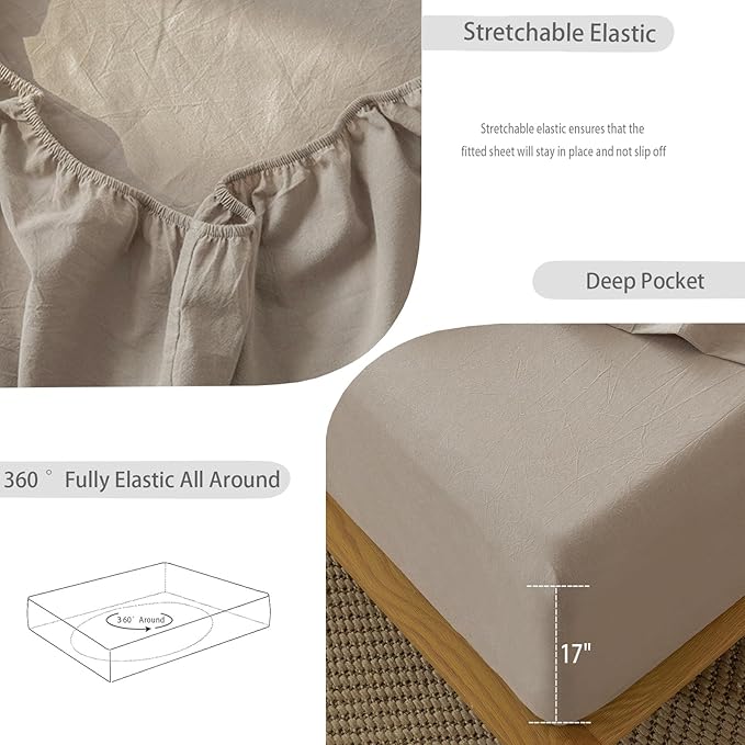 MooMee Bedding Sheet Set 100% Washed Cotton Linen Like Textured Breathable Durable Soft Comfy (Solid Mocha Brown, Split King)